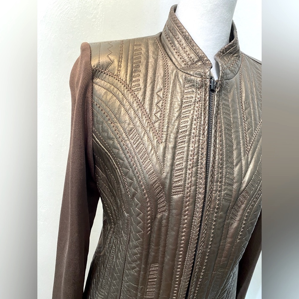 Leather Vintage Peter Nygard Metallic Brown jacket with rayon/nylon sleeves. S - Picture 7 of 9